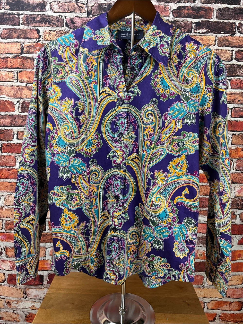 Jones New York Signature Vibrant Colorful Paisley Button-Down Shirt Small